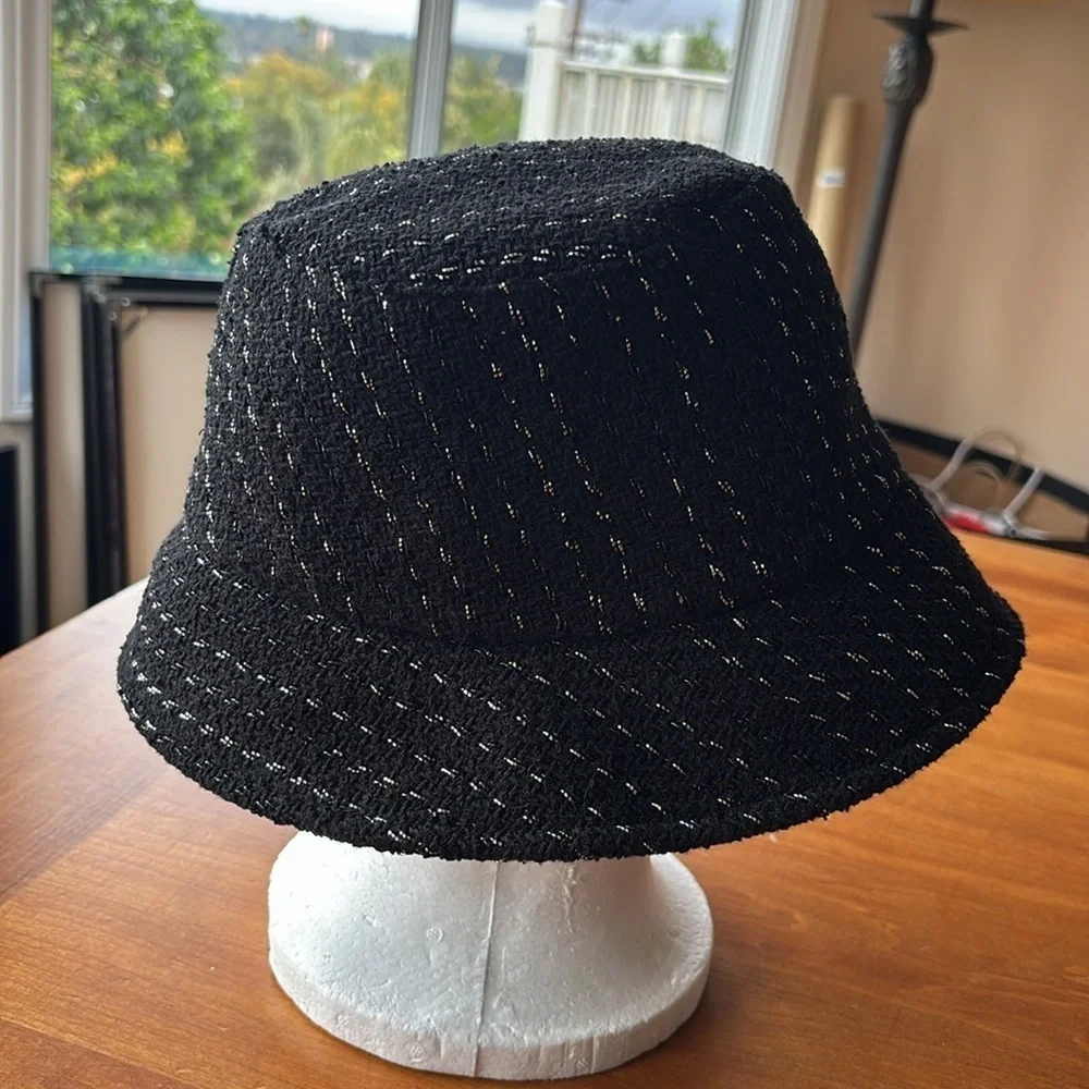 EUC CHANEL women’s bucket hat in black with silver metallic flecks size s